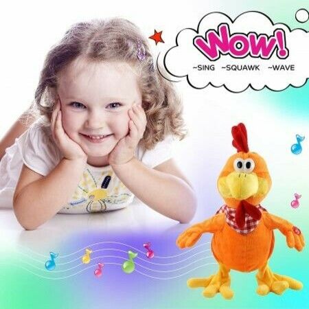 Squawking Chicken Musical Stuffed Animal with a bib Walking Singing Waving Rooster Electronic Interactive Plush Toy Gift for Kids Boys Girls Birthday, 15''