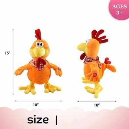 Squawking Chicken Musical Stuffed Animal with a bib Walking Singing Waving Rooster Electronic Interactive Plush Toy Gift for Kids Boys Girls Birthday, 15''
