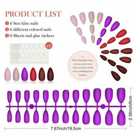 144 Pieces Matte Press on Nail Full Cover Fake Nails 6 Solid Colors Stiletto Fake Nails Almond False Nails