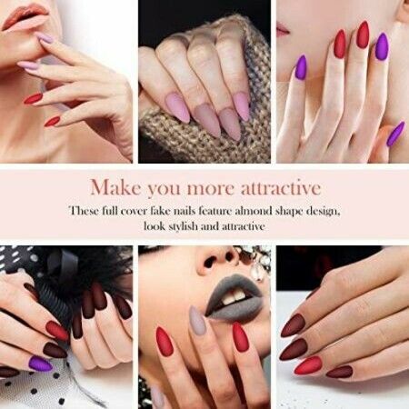 144 Pieces Matte Press on Nail Full Cover Fake Nails 6 Solid Colors Stiletto Fake Nails Almond False Nails