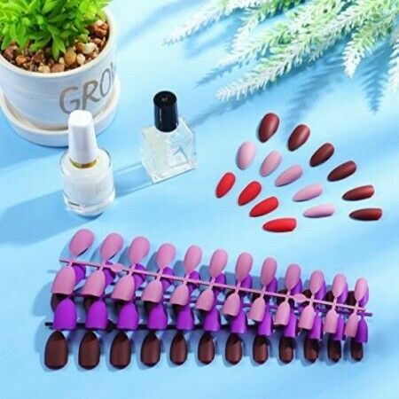 144 Pieces Matte Press on Nail Full Cover Fake Nails 6 Solid Colors Stiletto Fake Nails Almond False Nails