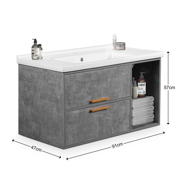 90cm Bathroom Cabinet Vanity with Sink 2 Drawers 1 Open Shelf Wall Mount Grey