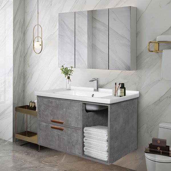 90cm Bathroom Cabinet Vanity with Sink 2 Drawers 1 Open Shelf Wall Mount Grey