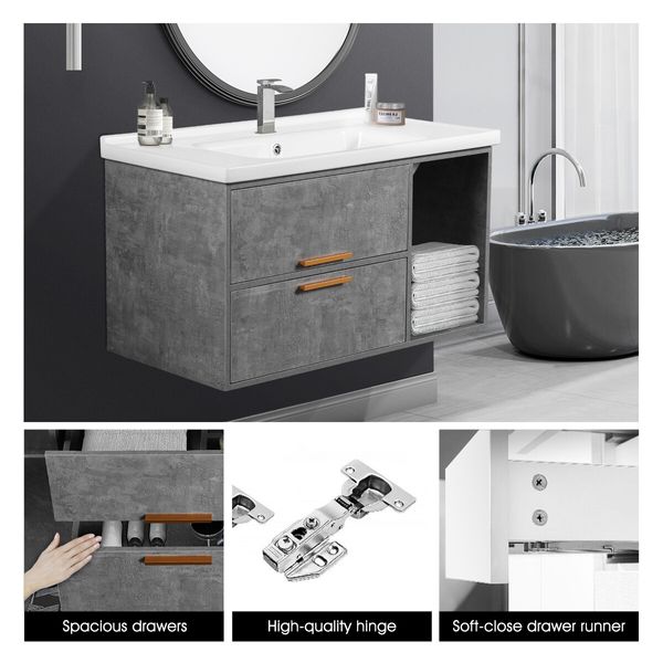 90cm Bathroom Cabinet Vanity with Sink 2 Drawers 1 Open Shelf Wall Mount Grey