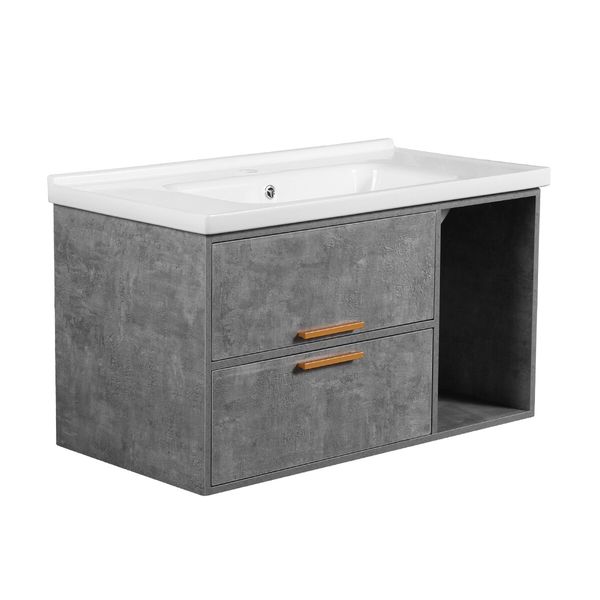 90cm Bathroom Cabinet Vanity with Sink 2 Drawers 1 Open Shelf Wall Mount Grey