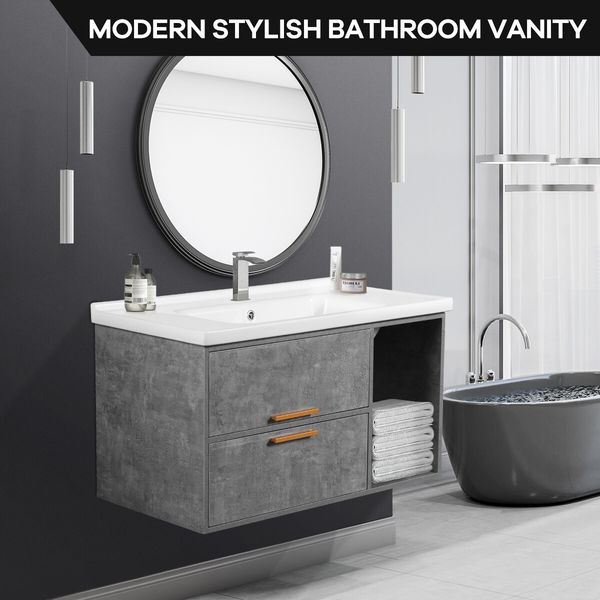 90cm Bathroom Cabinet Vanity with Sink 2 Drawers 1 Open Shelf Wall Mount Grey