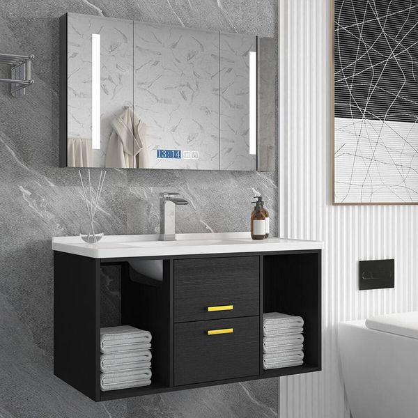 90cm Bathroom Cabinet Vanity with Sink 2 Drawers 2 Open Shelves Wall Mount Black