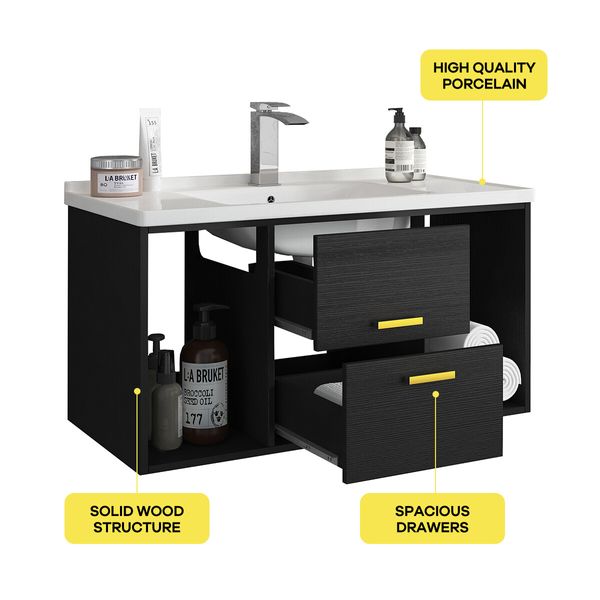 90cm Bathroom Cabinet Vanity with Sink 2 Drawers 2 Open Shelves Wall Mount Black