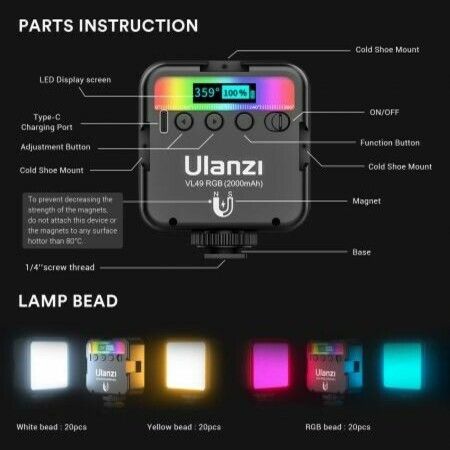 VL49 RGB LED Light, Mini RGB Color Camera/Camcorder Light, Pocket Size 2000mAh Rechargeable Video Light with 2500k-9000k Color Range Magnet Design