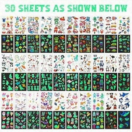 30 sheets Glow Temporary Tattoos for Kids Waterproof Luminous Tattoo Sticker Glow Mixed Style