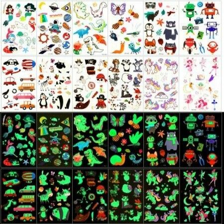 30 sheets Glow Temporary Tattoos for Kids Waterproof Luminous Tattoo Sticker Glow Mixed Style