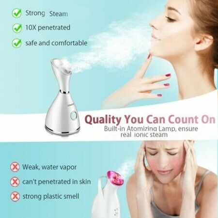 Facial Steamer - LONOVE Face Steamer for Facial Deep Cleaning Home Facial Spa Warm Mist Humidifier Atomizer Sauna Sinuses Unclogs Pores with Blackhead Stainless Steel Kit and Hair Band