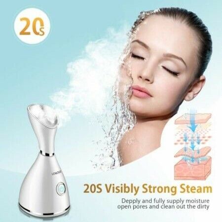 Facial Steamer - LONOVE Face Steamer for Facial Deep Cleaning Home Facial Spa Warm Mist Humidifier Atomizer Sauna Sinuses Unclogs Pores with Blackhead Stainless Steel Kit and Hair Band