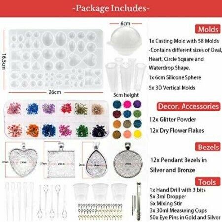 107PCS Silicone Resin Jewelry Casting Mold with Glitter and Flower Decoration DIY Artcraft Project Gift Pendant Making Tools Set for Beginners