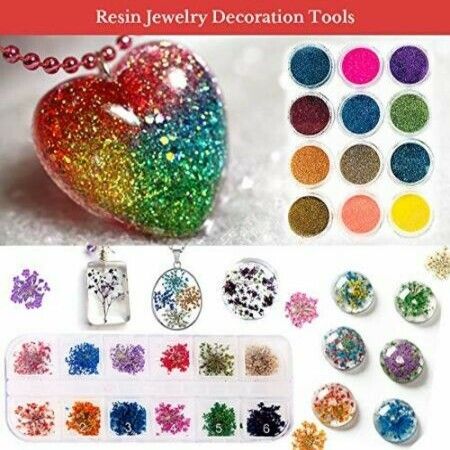 107PCS Silicone Resin Jewelry Casting Mold with Glitter and Flower Decoration DIY Artcraft Project Gift Pendant Making Tools Set for Beginners