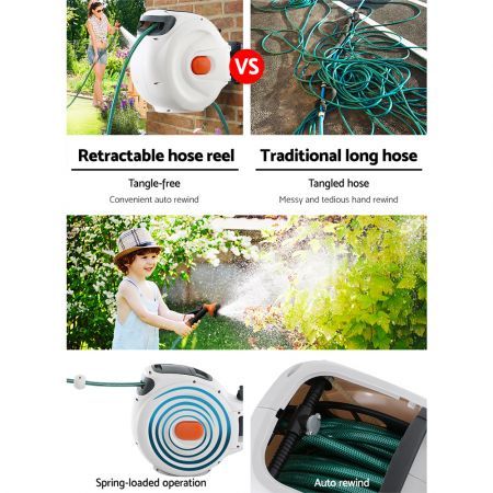 Greenfingers Water Hose Reel 10M Retractable Garden Spray Gun AutoRewind