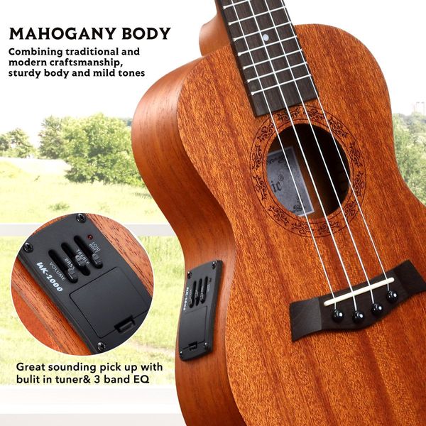 Melodic Electric Concert Ukulele 23 Inch Mahogany Hawaii Guitar EQ for Beginners 