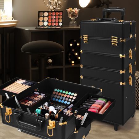 Makeup Case Professional Makeup Organiser 7 in 1 Trolley Black Gold