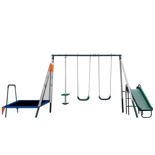 Kid Swing Slide Set Outdoor Playground Playset Equipment Backyard Child 6 Station with Trampoline