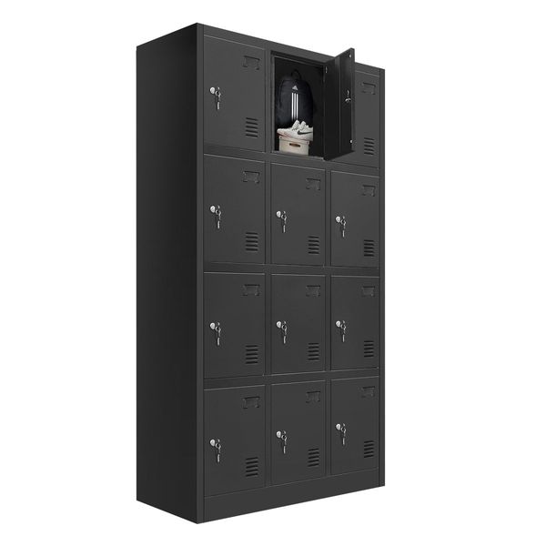 12 Doors Steel Locker Gym Office School Home Stationary Storage Cabinet Black