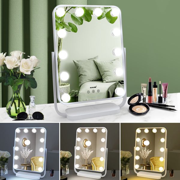 Maxkon Lighted Makeup Vanity Hollywood Mirror 12 Dimmable LED Lights Touch Control 360 Rotation 30x40cm