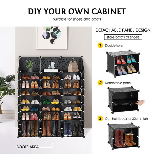 48 Pairs Stackable Shoe Storage Box Organiser Cube DIY Shoe Cabinet Rack Shelf 24 Tier Black