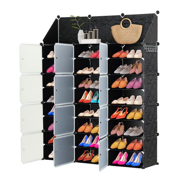 48 Pairs Stackable Shoe Storage Box Organiser Cube DIY Shoe Cabinet Rack Shelf 24 Tier Black