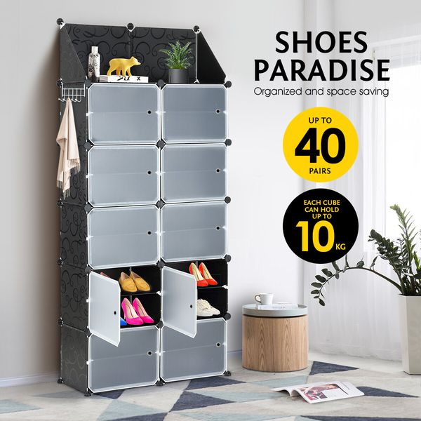 40 Pairs Stackable Shoe Storage Box Organiser Cube DIY Shoe Cabinet Rack Shelf 20 Tier Black