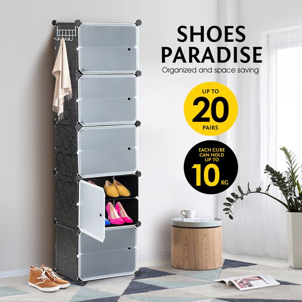 20 Pairs Stackable Shoe Storage Box Organiser Cube DIY Shoe Cabinet Rack Shelf 10 Tier Black