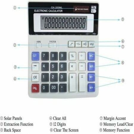 12 Digit Electronic Desktop Calculator, Keyboard Keys Large Display, Solar Battery Dual Power Basic Office Calculator