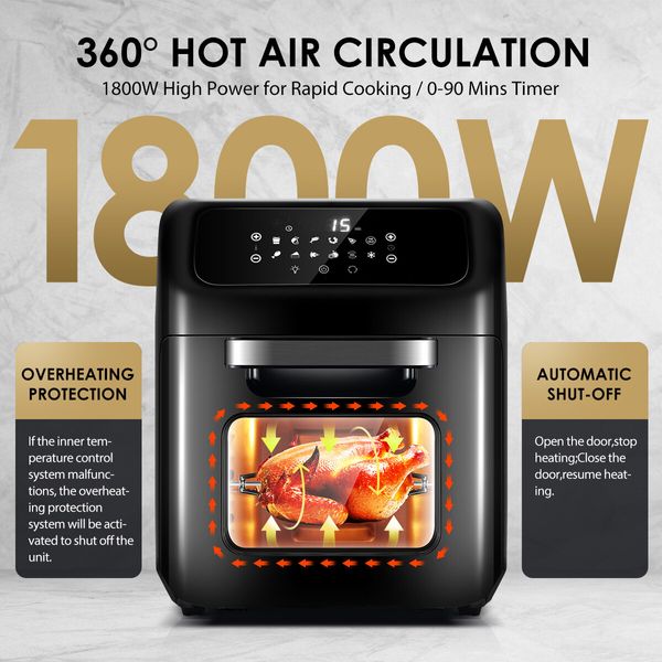 Maxkon Air Fryer Oven 12L 1800W Electric Kitchen Appliances Tilt LED Digital Touchscreen 12-in-1 Presets Black 