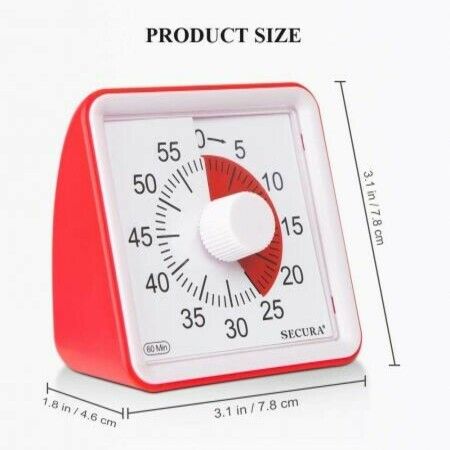 60-Minute Visual Timer, Classroom Countdown Clock, Silent Timer for Kids and Adults, Time Management Tool for Teaching (Red)