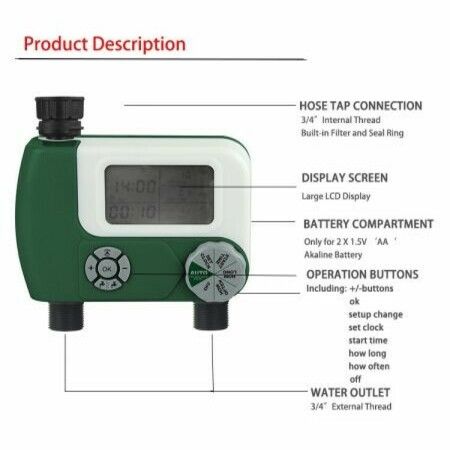 Programmable Hose Faucet Timer, 2 Outlet, Green