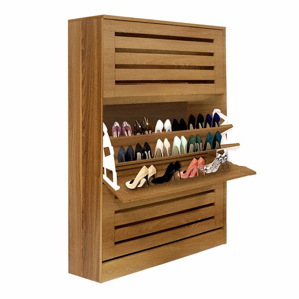 Oak Shoe Cabinet Rack Wooden Shelf Organiser w/3 Drawers  Shoes Storage