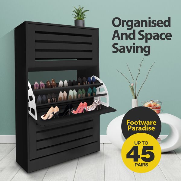 Black Wooden Shoe Cabinet Rack Shelf Organiser w/3 Drawers 45 Pairs Shoes Storage 