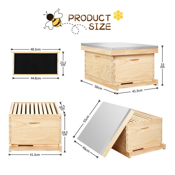 Honey Beehive Kit Bee Hive Box Metal Roof Wooden 10 Frame for Backyard Beekeeping