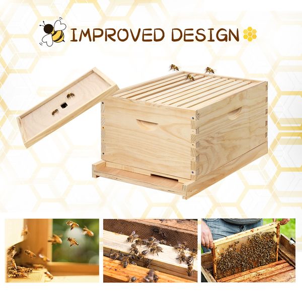 Honey Beehive Kit Bee Hive Box Metal Roof Wooden 10 Frame for Backyard Beekeeping