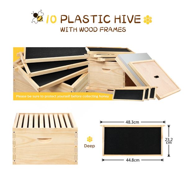 Honey Beehive Kit Bee Hive Box Metal Roof Wooden 10 Frame for Backyard Beekeeping