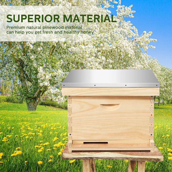 Honey Beehive Kit Bee Hive Box Metal Roof Wooden 10 Frame for Backyard Beekeeping