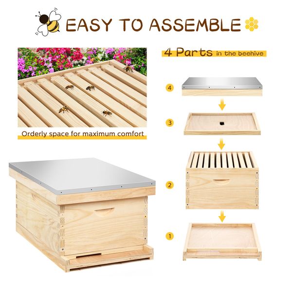 Honey Beehive Kit Bee Hive Box Metal Roof Wooden 10 Frame for Backyard Beekeeping