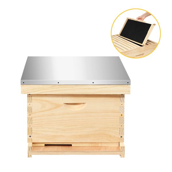 Honey Beehive Kit Bee Hive Box Metal Roof Wooden 10 Frame for Backyard Beekeeping