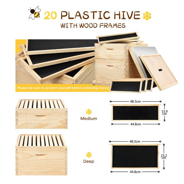 2 Layers Honey Bee Hive Box Beehive Kit Beekeeping Starter Set Backyard Wooden 20 Frame