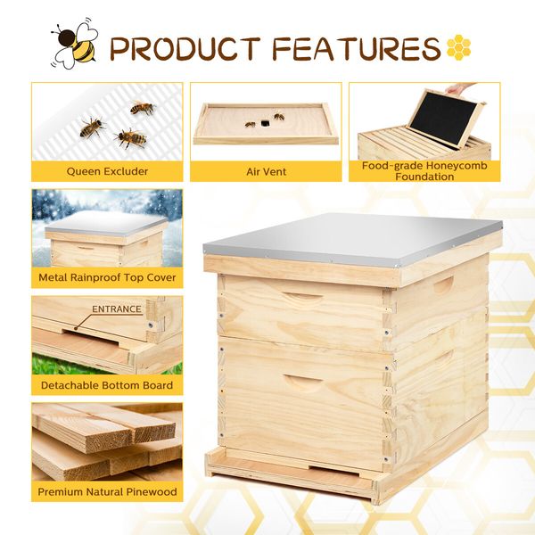 2 Layers Honey Bee Hive Box Beehive Kit Beekeeping Starter Set Backyard Wooden 20 Frame