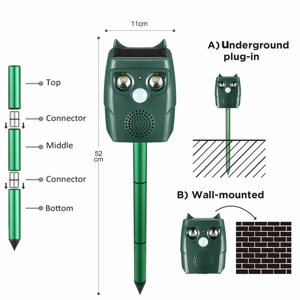 Ultrasonic Animal Pest Control Repeller Cat Dog Rat Bird Repellent Deterrent IP67 Waterproof Motion Activated Flashing LED Light