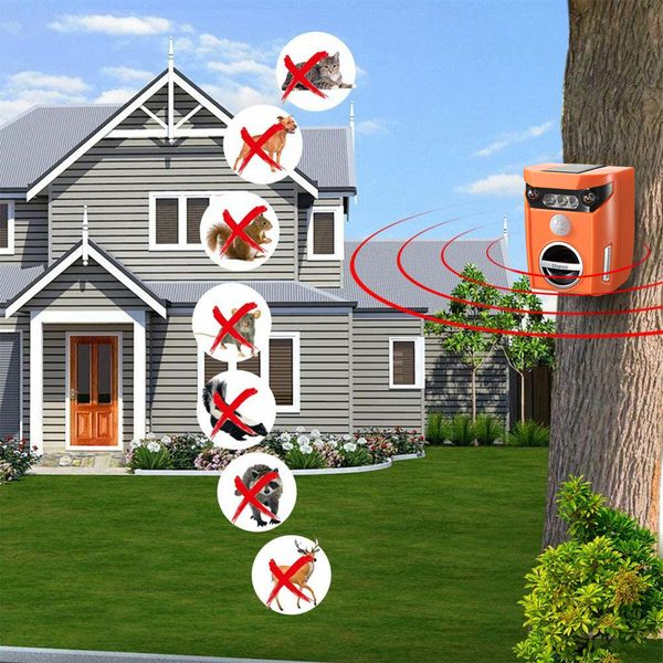 Solar Ultrasonic Pest Control Animal Cat Dog Bird Repeller Repellent Deterrent IP65 Waterproof Flashing Light 10-12M Sensor Distance