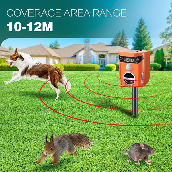 Solar Ultrasonic Pest Control Animal Cat Dog Bird Repeller Repellent Deterrent IP65 Waterproof Flashing Light 10-12M Sensor Distance