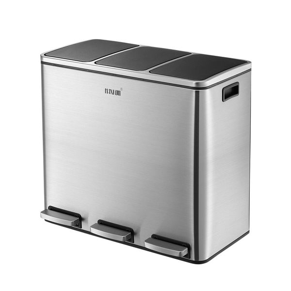 Maxkon 54L Pedal Recycling Bin Kitchen Rubbish Bin Waste Garbage Trash Bin Can with Three Compartments Silver