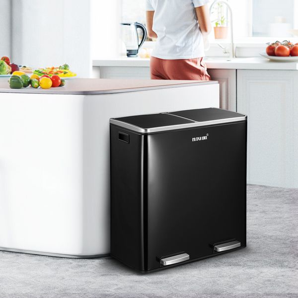 Maxkon 60L Pedal Recycling Bin Kitchen Rubbish Bin Waste Garbage Trash Bin Can with Dual Compartments Black