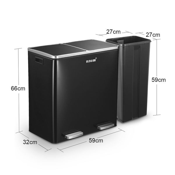 Maxkon 60L Pedal Recycling Bin Kitchen Rubbish Bin Waste Garbage Trash Bin Can with Dual Compartments Black