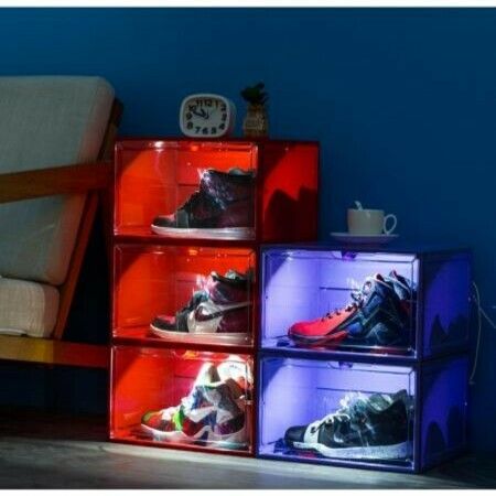 2Pack Voice Control LED Sneaker Storage Boxes Drop Side Shoe Boxes Clear Plastic Stackable Col Red 36x29x22cm